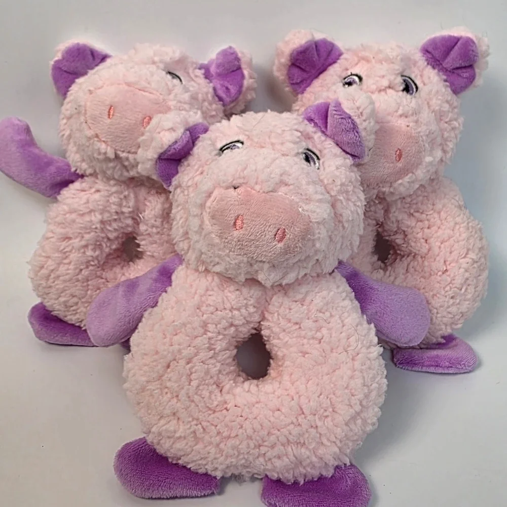Happy Pig Plush Dog‎ Toys Pink Purple Soft Squeaky Ring Shape 3 Count